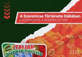 Az olasz zászló színeit ábrázoló illusztráció lottógömbökkel és lottószelvényekkel, amely kiemeli a szerencse és a lottó történetét Olaszországban a középkortól a modern SuperEnalotto-ig.